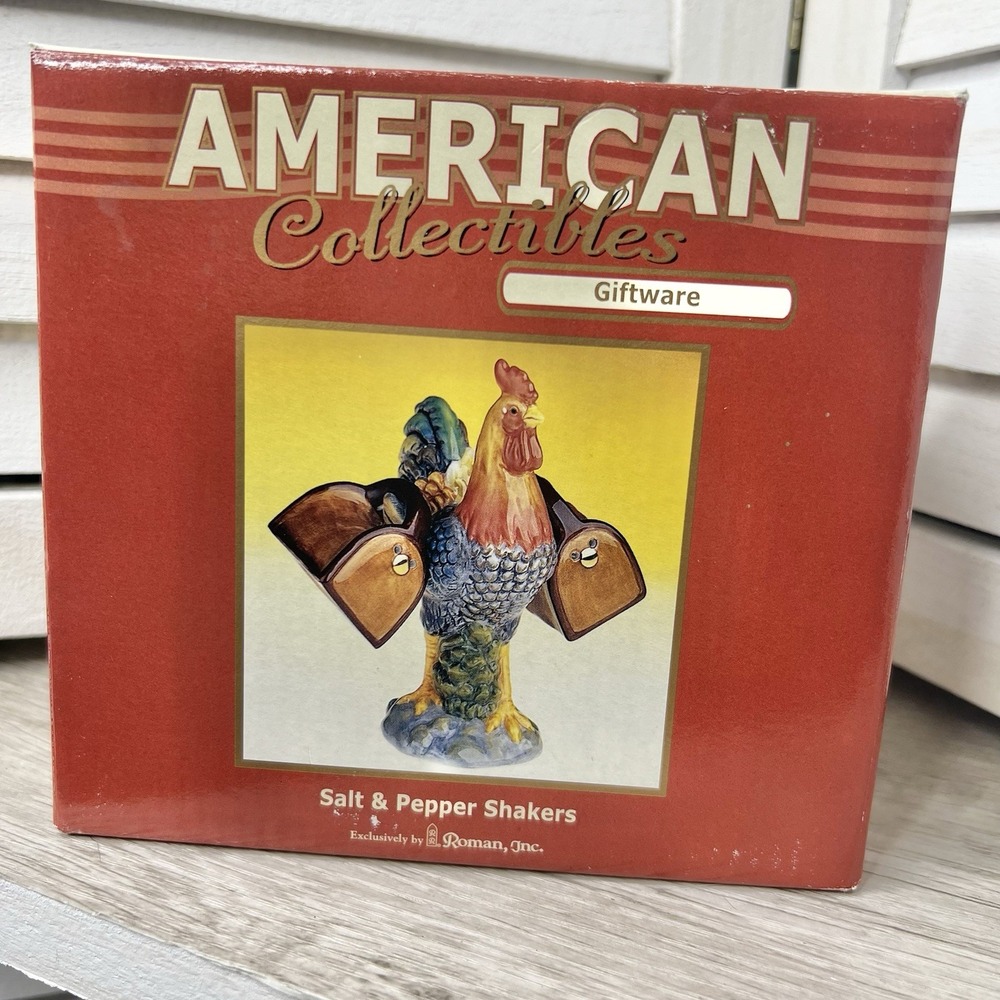 American Collectibles, Roman Inc Rooster w/ Saddlebags Salt & Pepper Shakers NIB